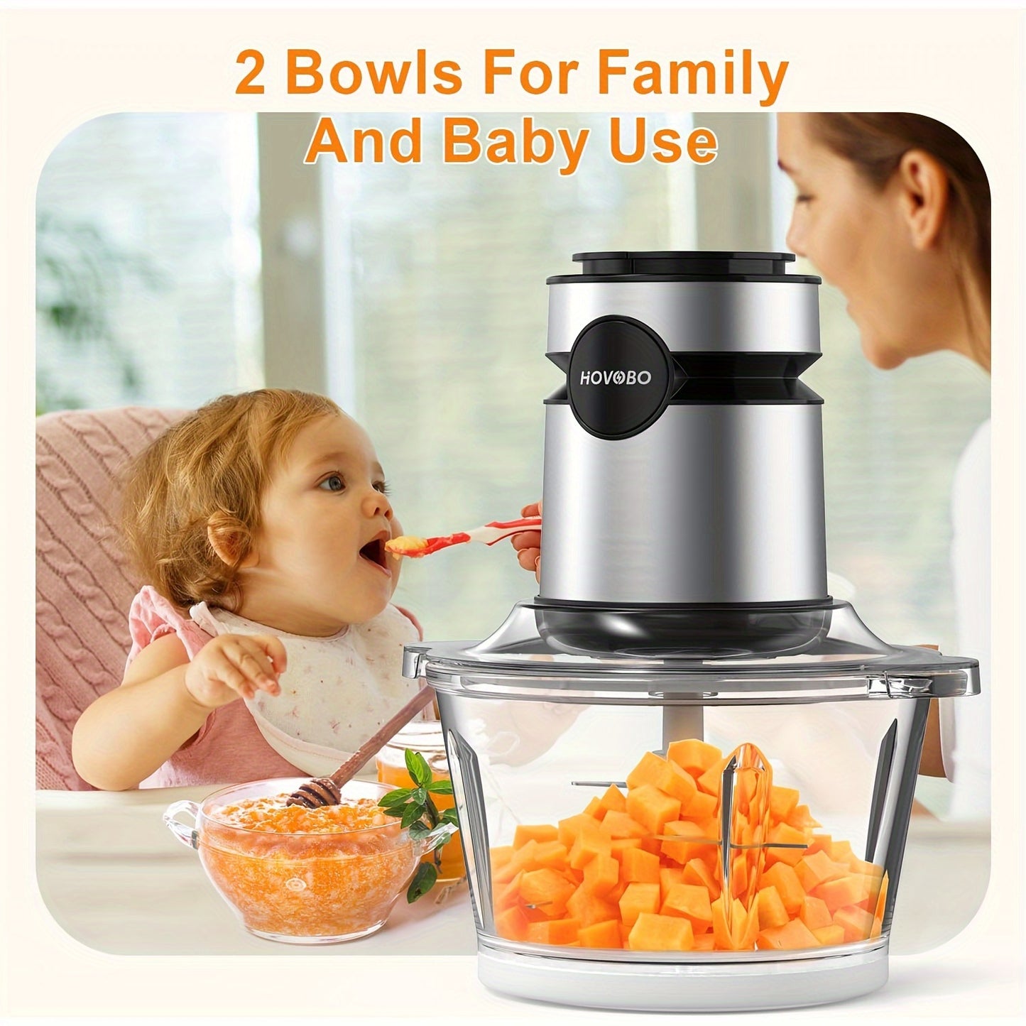 500W Food Processor – Electric Meat Grinder with 2 x 8-Cup Bowls, Bi-Level Blades, 2 Speed Settings – Ideal for Vegetables, Meat, Nuts, and Baby Food, Black