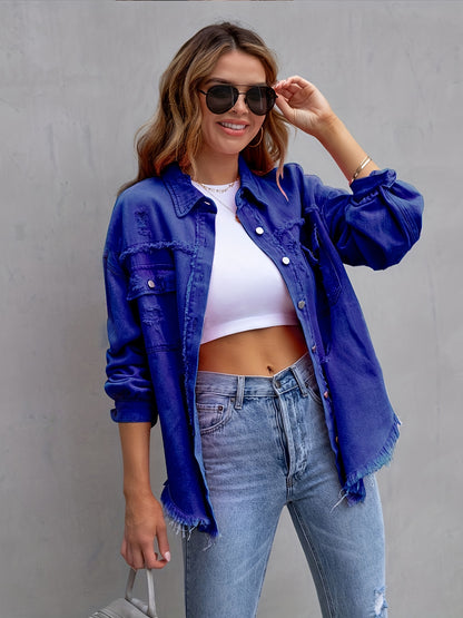 Women's Plus-Size Denim Blazer with Distressed Holes