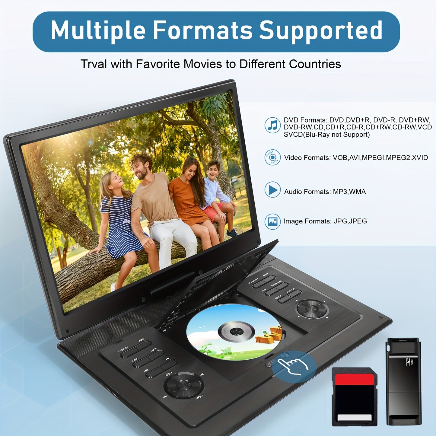17.9" Portable DVD Player - 15.6" HD Screen, 4-6 Hours Rechargeable, Dual Speakers, Remote Control, Region-Free, USB/SD, Sync TV - Black