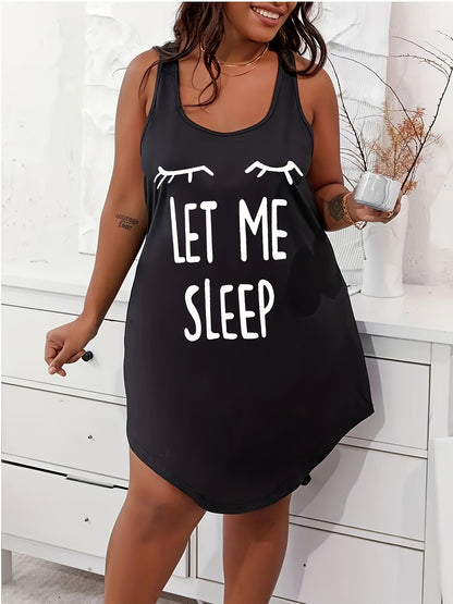 Women's Plus Size Casual Sleep Dress – Eyelash and Letter Print Racerback Tank Nightdress
