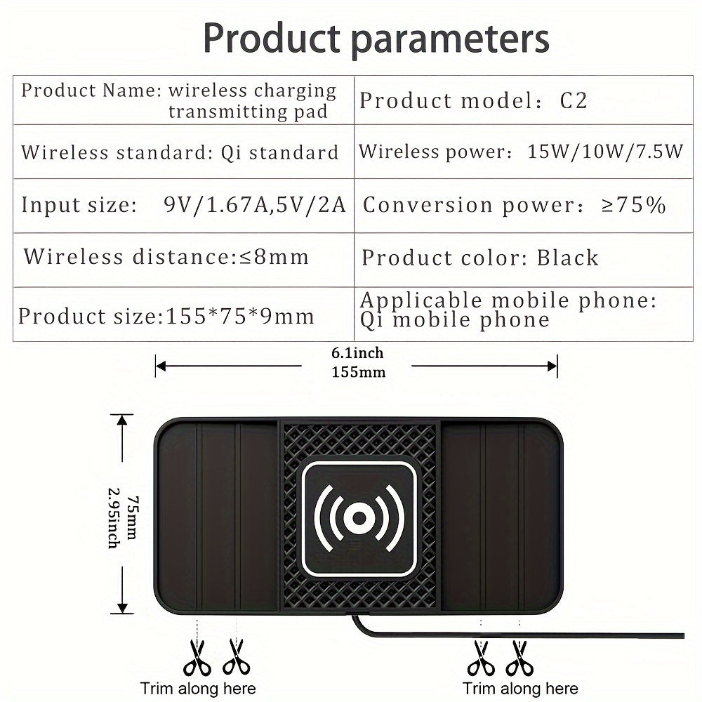 15W Fast Wireless Charging Pad with USB Connector - Non-Slip Rubber Mat for Car, Lightweight USB-Powered Charger for Qi-Enabled Devices, Phone, Watch & Earbuds Multi-Device Charging