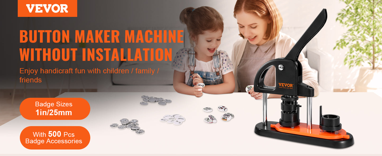 VEVOR Button Maker Machine — 25/32/58mm Pin Maker with Parts, Ergonomic Arc Handle Punch Press Kit