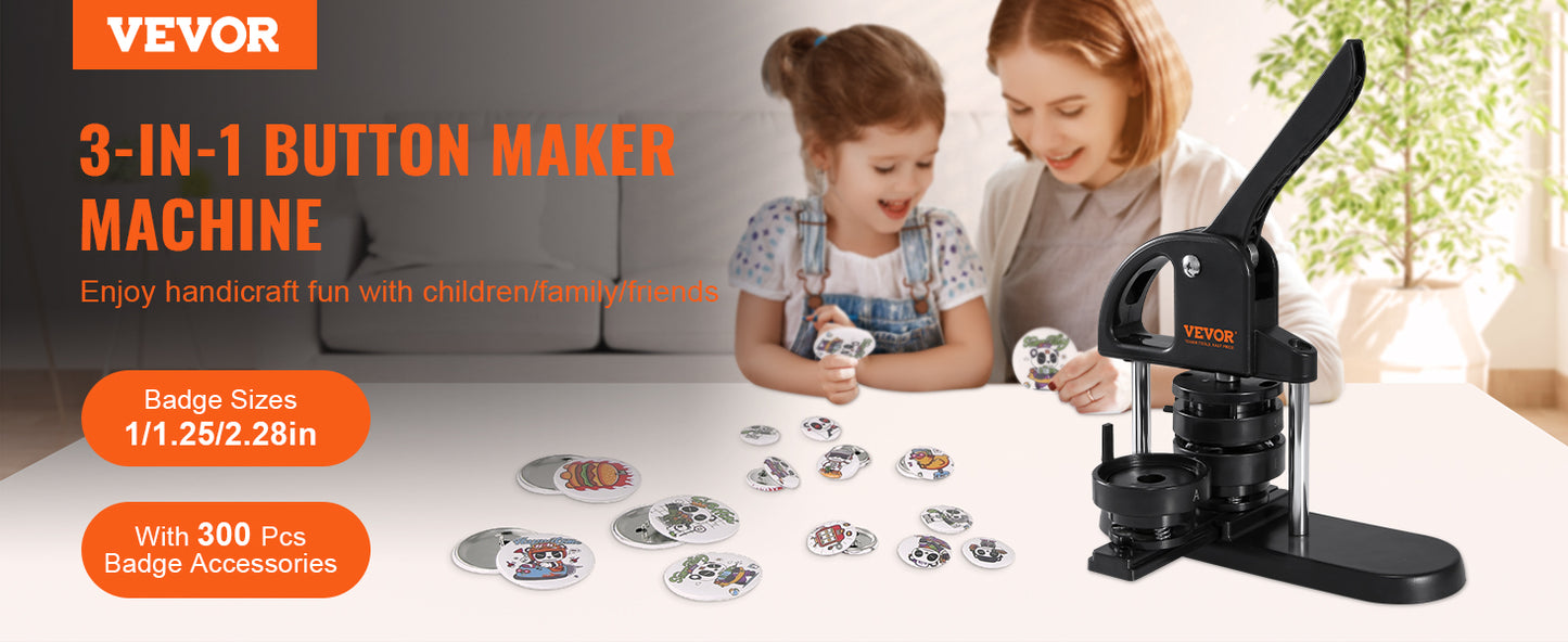 VEVOR Button Maker Machine — 25/32/58mm Pin Maker with Parts, Ergonomic Arc Handle Punch Press Kit