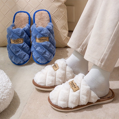 Cozy Plaid Colorblock Slippers for Men & Women - Warm, Non-Slip Indoor Shoes with Soft Faux Rabbit Fur Lining [Fast Arrival]