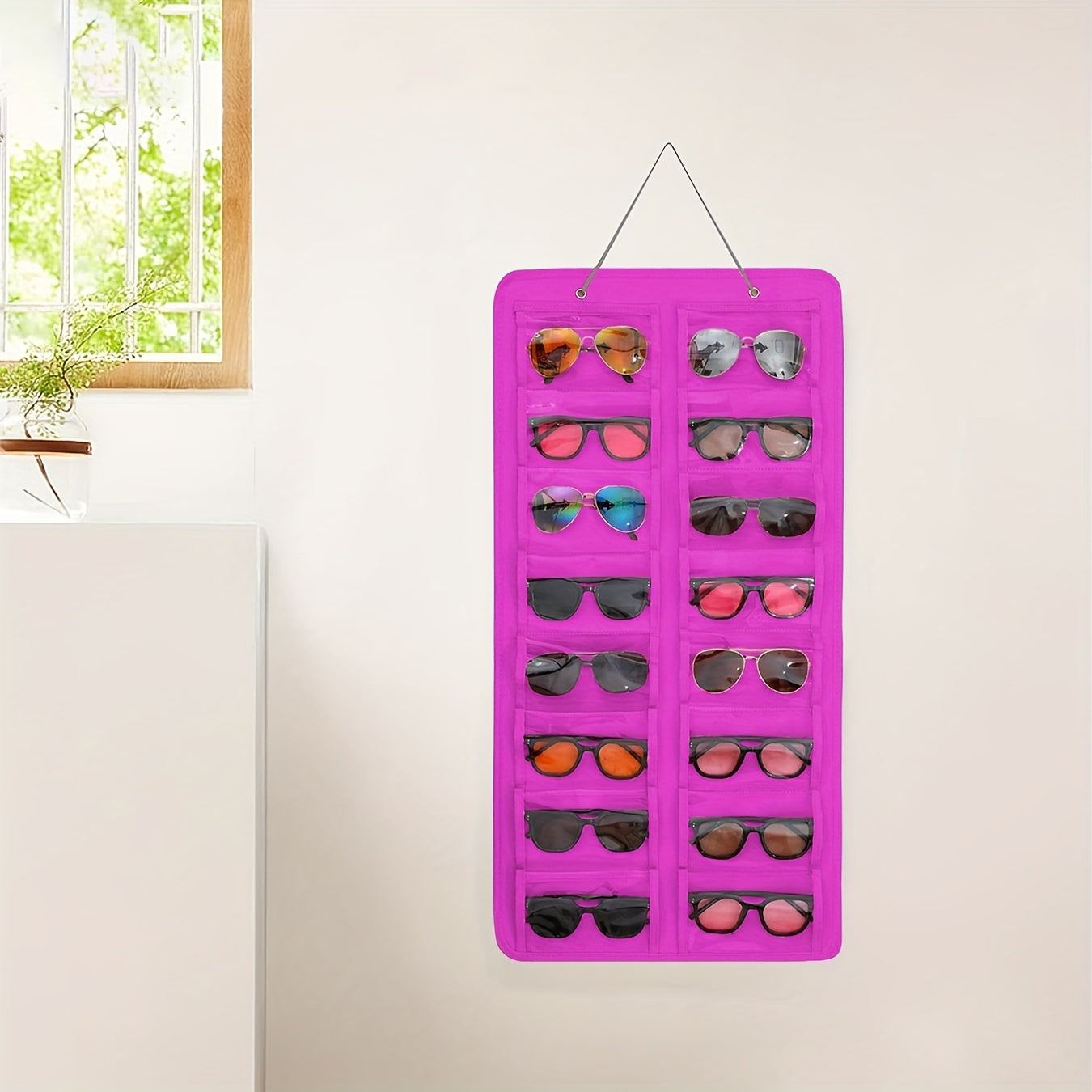 16 Slot Hanging Glasses Organizer - PVC Wall Pocket with Dust-Proof Holder, Metal Hook, and Sturdy Rope, Ideal for Women's Fashion Accessories, Perfect for Christmas/Halloween Gift