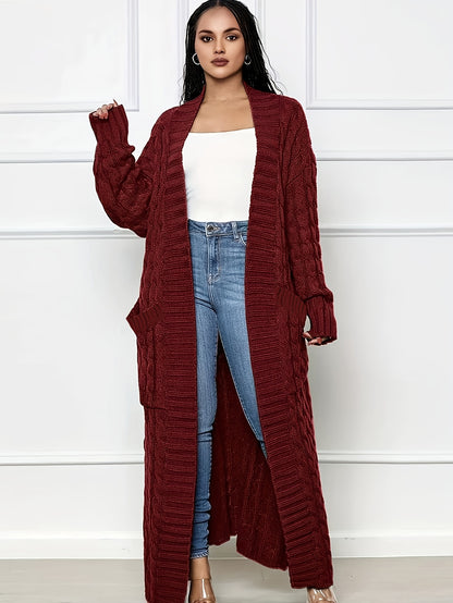 Long Length Cable Knit Cardigan – Elegant Solid Long Sleeve Sweater with Pockets – Women's Clothing