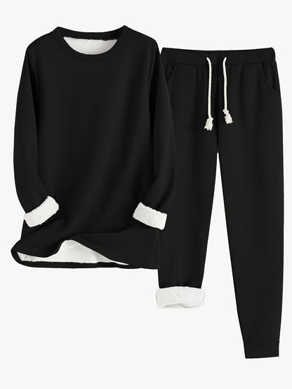 Women's Solid Color Thermal Set – Long Sleeve Sweatshirt & Drawstring Pants Outfit