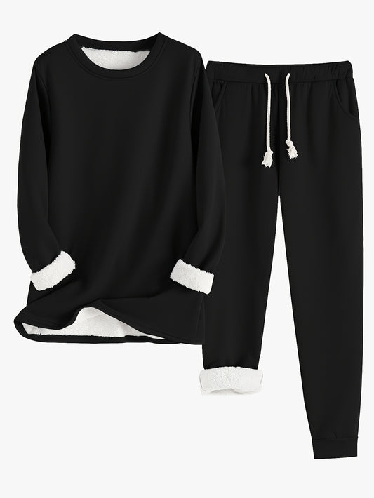 Women's Solid Color Thermal Set – Long Sleeve Sweatshirt & Drawstring Pants Outfit