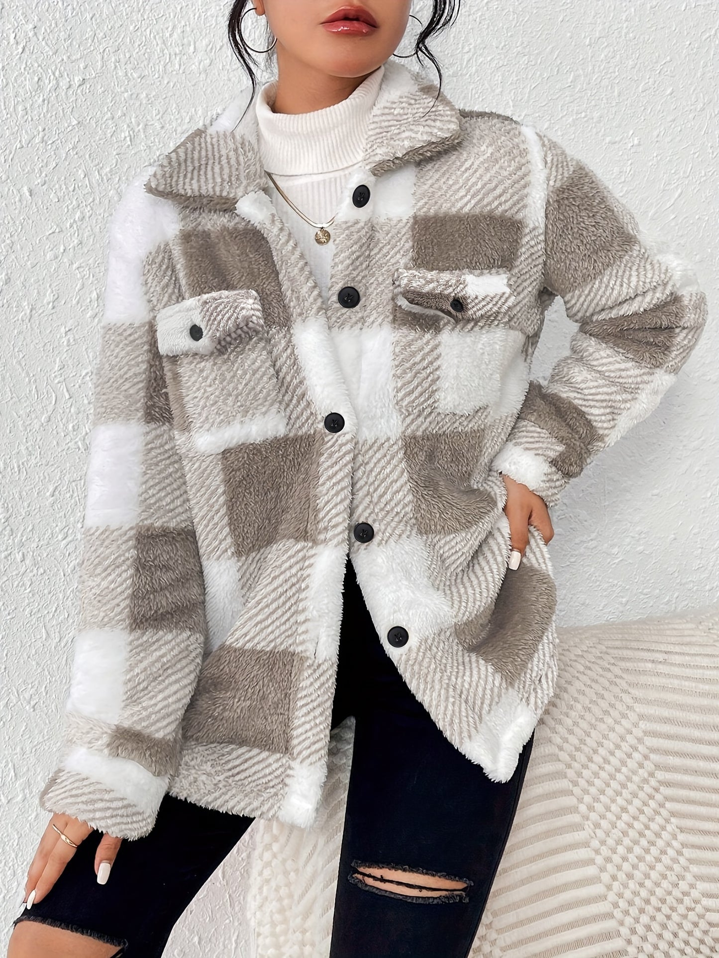 Plaid Pattern Button Front Jacket – Elegant Long Sleeve Warm Outerwear for Fall & Winter, Women's Clothing