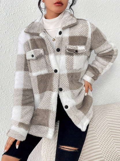Plaid Pattern Button Front Jacket – Elegant Long Sleeve Warm Outerwear for Fall & Winter, Women's Clothing