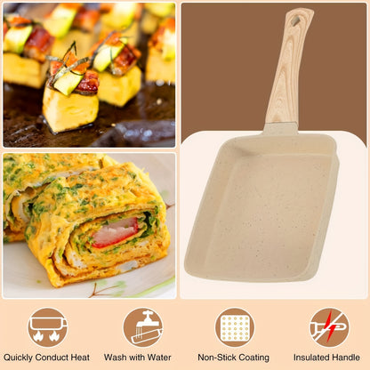 Japanese Tamagoyaki Pan Set - Non-Stick Aluminum Rectangular Frying Pan with Silicone Spatula and Oil Brush - Ideal for Eggs and Pancakes, Hand Wash Only