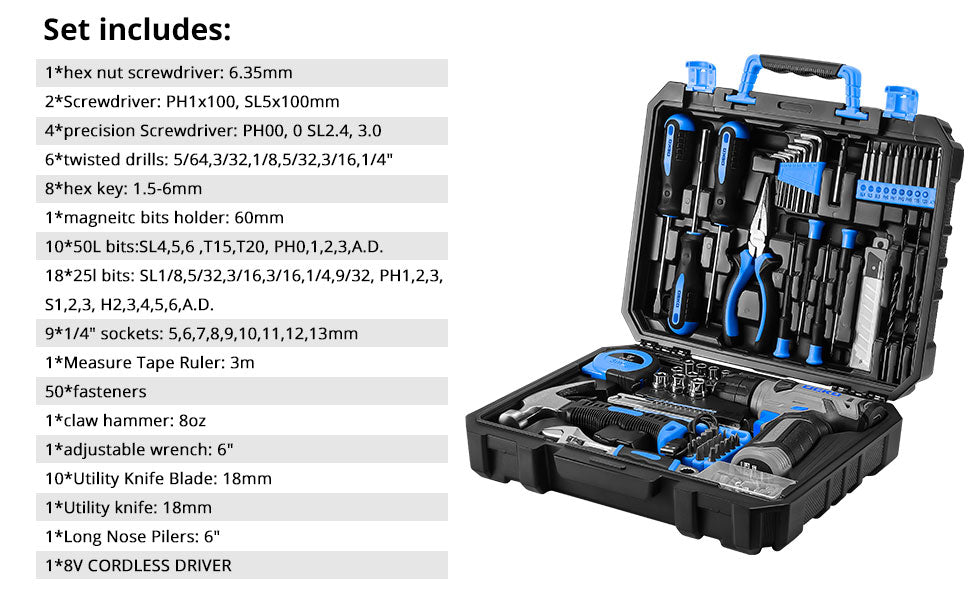 DEKO 126-Piece Drill Set – 8V Blue Cordless Drill & Hand Tool Kit for Home, Ideal for Women