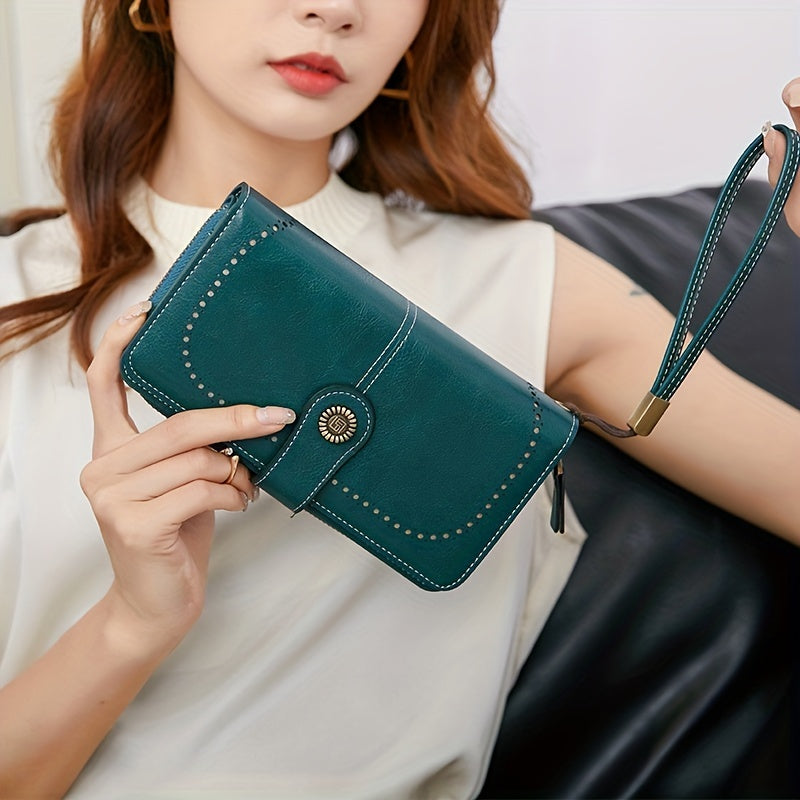 RFID Large Capacity Women's Wallet - Retro Style, Multi-Card, Solid Color with Zipper and Wrist Strap