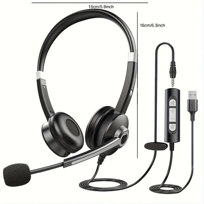 Stereo USB Headset with 3.5mm Jack - Noise Cancelling Microphone, In-Line Volume and Mute Control for PC, Laptop, Business Office, Skype, Zoom