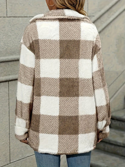 Women's Plaid Button-Front Teddy Coat – Long Sleeve Thermal Winter Outwear
