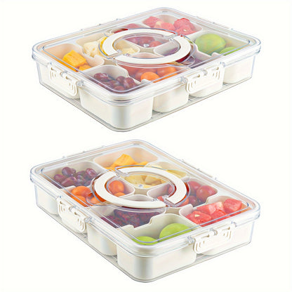 Divided Serving Tray with Handle - Lid and Removable Snack Box, 8-Compartment Fruit Container, Food Storage, Snack and Lunch Organizer, Fridge Platter for Candy, Party, Salad
