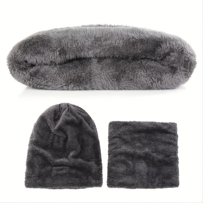 3 Pcs Knit Hat, Neck Warmer and Gloves Set - Thermal Letter Patched Cuff Beanie, Fleece Scarf, and Full Finger Winter Gloves for Men and Women