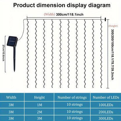 1 Pack LED Solar Curtain String Lights – 100/200/300 Lights, 8 Lighting Modes – Outdoor Decoration for Christmas, Weddings, Patios, Gardens ( Colorful/Warm White/White )