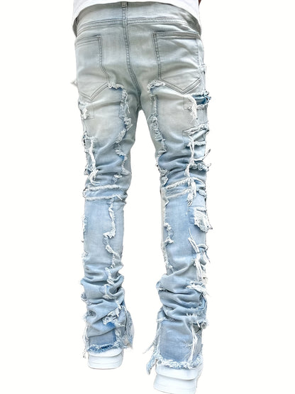 Creative Tassels Decoration Straight Fit Jeans - Men's Casual Medium Stretch Street Style Denim Pants for All Seasons