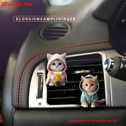 2-Pack Hoodie Cat and Boba Tea Acrylic Vent Clips - Decorative Air Fresheners for Car A/C Outlets with Scent Tablets, Aesthetic Vehicle Accessories for Interior Decor