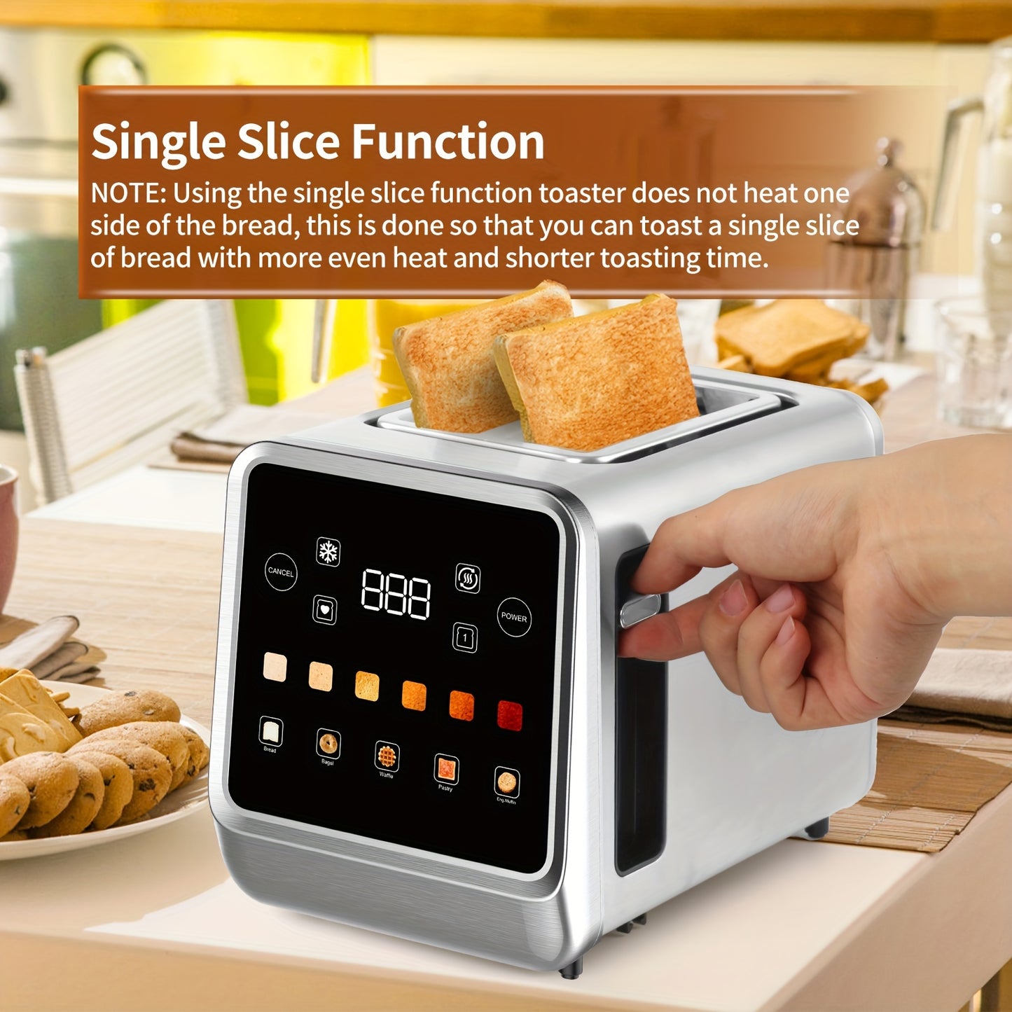 2-Slice Stainless Steel Toaster - Touch Screen Digital Timer, 6 Bread Types and Shade Settings, Bagel, Cancel, Defrost, Memory, 750W-1000W, US Plug