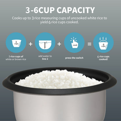 Versatile 6-Cup Rice Cooker with Yogurt Maker - 1.5 Qt Capacity, Nonstick Pot, Auto Keep Warm, One Touch Operation - Includes Steamer for Oatmeal and Soup, Stainless Steel Liner