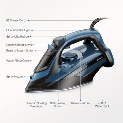 1700W Steam Iron with Rapid Heating - Ceramic Coated Soleplate, Precise Thermostat Dial, Self-Cleaning, Auto-Off, 15.21oz Water Tank - Blue