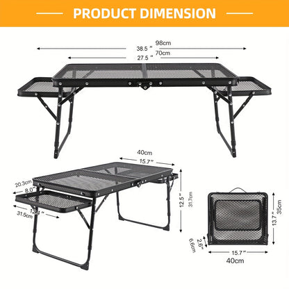 Portable Folding Camping Table with 2 Wing Panels – Height Adjustable, Mesh Desktop, Ideal for Picnic, BBQ, Camping & Beach
