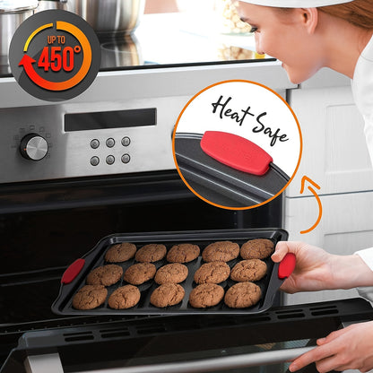 3 Pack Oven Baking Tray - Carbon Steel Non-Stick Kitchen Trays with Red Silicone Handles - Luxurious, Commercial-Grade Quality