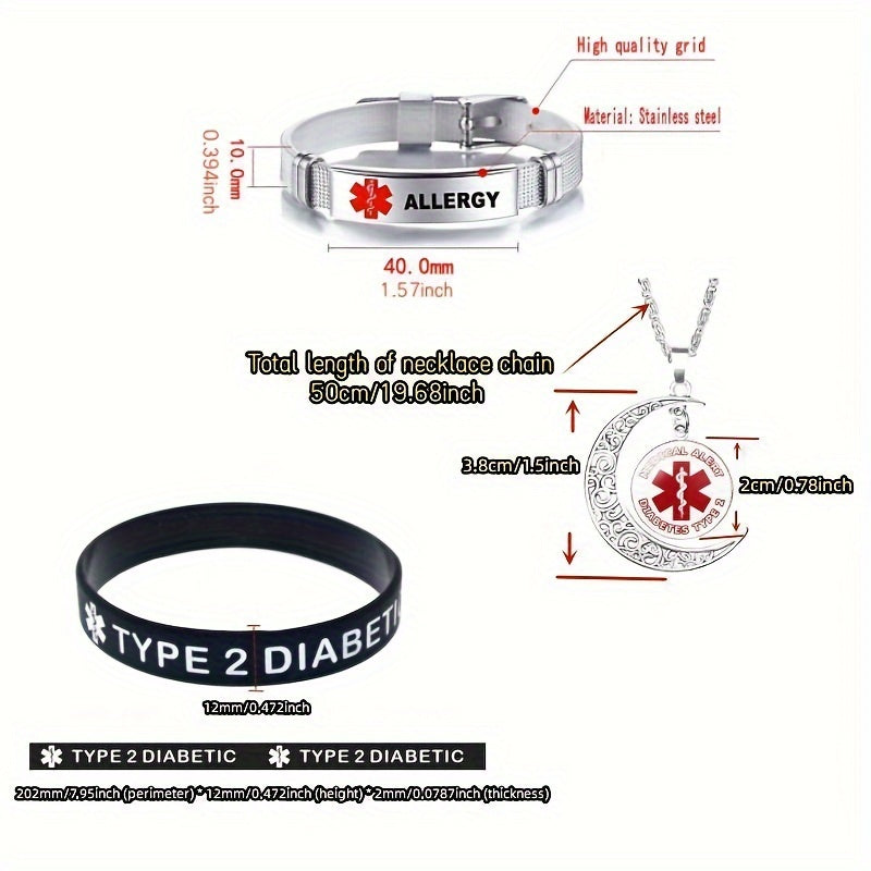 Medical Jewelry Bracelet & Necklace Set – 3 Piece Stainless Steel ID Jewelry for Diabetes, Penicillin Allergy, Asthma & Blood Thinner Awareness with Star of Life Symbol