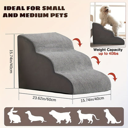 Curved 3-Step Dog Stairs for Small Dogs - 15.7" High, Non-Slip Pet Steps for Couch, Sofa, and Chair, Grey