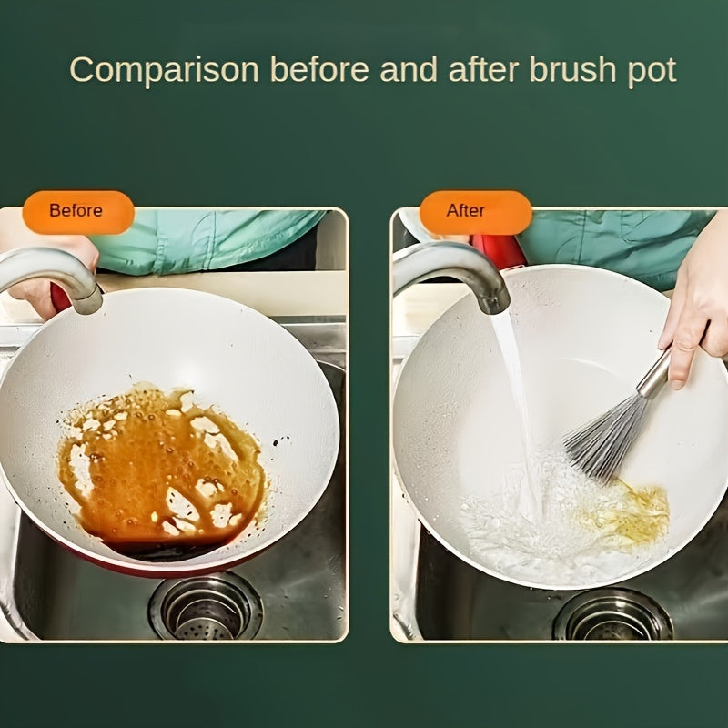 Stainless Steel Pot Brush - Long Handle Multipurpose Kitchen Scrub Brush for Pots, Pans, and Countertops - Durable Dishwashing Cleaning Tool (1pc/2pcs)