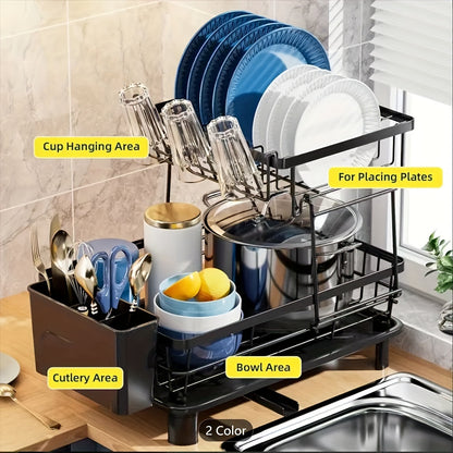 2-Tier Iron Bowl and Dish Drying Rack - Space-Saving Kitchen Organizer with Knife Cup and Tableware Holder - Rust-Resistant Metal Construction for Easy Cleaning