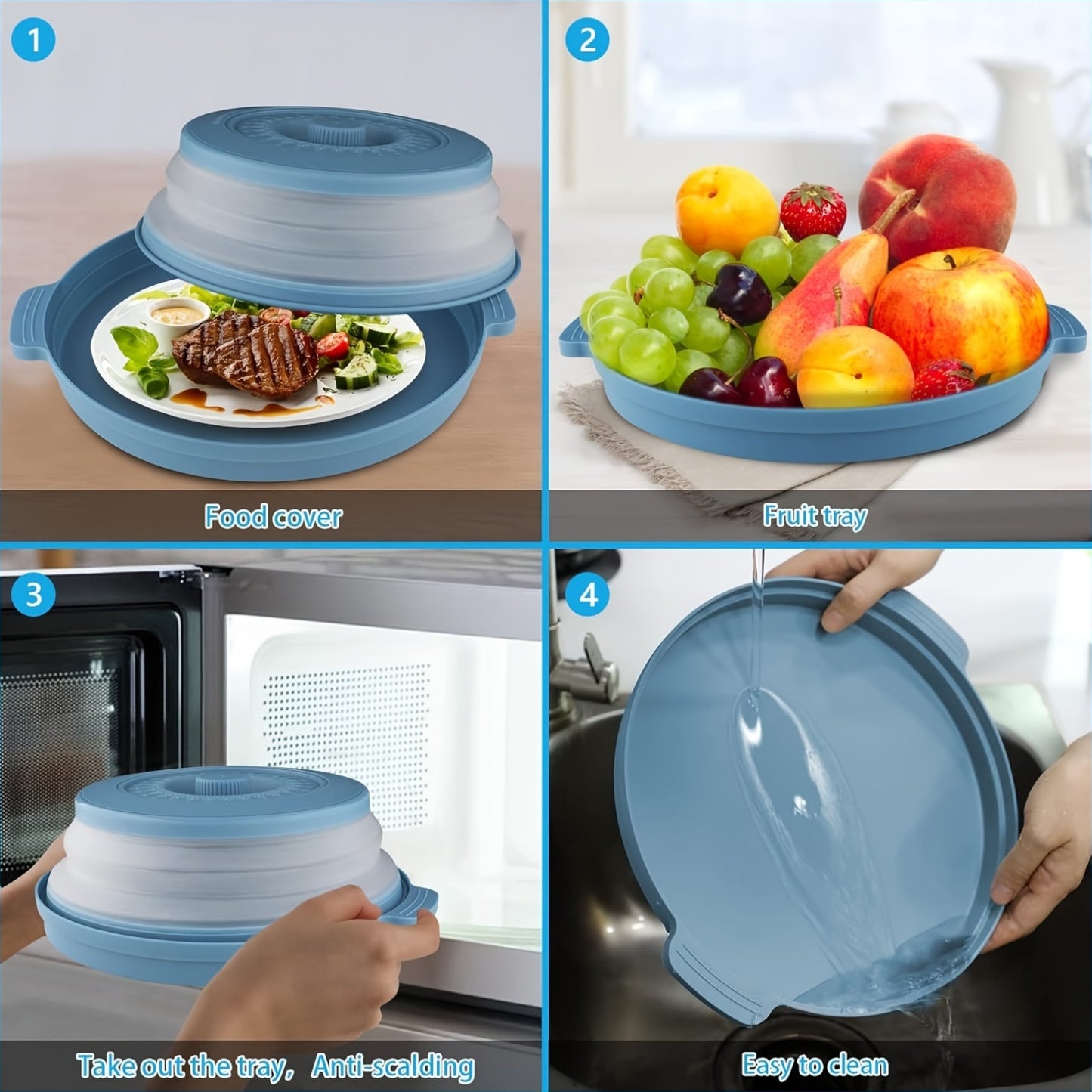 GDDGCUO Multi-Ply Microwave Splatter Cover with Tray Set – 10.6 Inch BPA-Free Splash Guard Plate, Food-Safe Lid, Fits Most Dishes, Available in Blue/Gray/Red/Green
