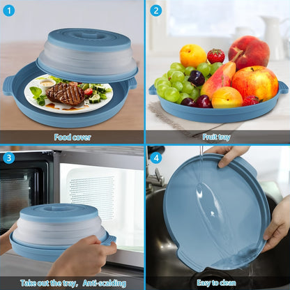 GDDGCUO Multi-Ply Microwave Splatter Cover with Tray Set – 10.6 Inch BPA-Free Splash Guard Plate, Food-Safe Lid, Fits Most Dishes, Available in Blue/Gray/Red/Green
