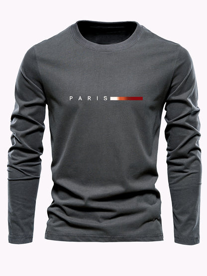 Men's 3-Pack 100% Cotton Long Sleeve T-Shirts - Casual Crew Neck with Paris Applique, Breathable Letter Print Tops for Spring/Fall