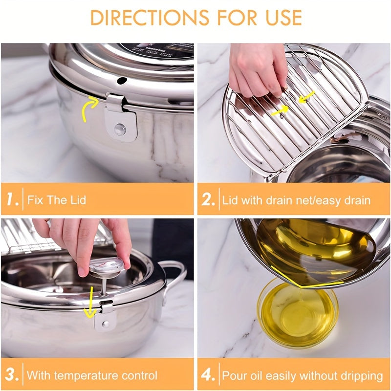 304 Stainless Steel Tempura Fryer Pot – 2.2L, Non-Stick, with Thermometer & Lid for Chicken & Tempura