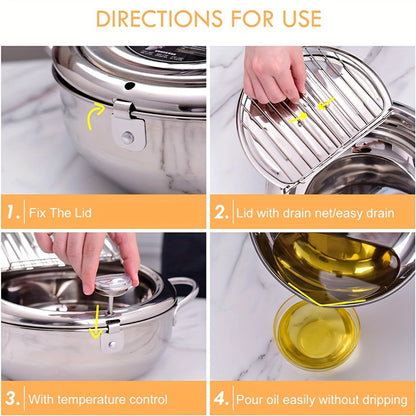 304 Stainless Steel Tempura Fryer Pot – 2.2L, Non-Stick, with Thermometer & Lid for Chicken & Tempura