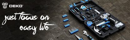 DEKO 126-Piece Drill Set – 8V Blue Cordless Drill & Hand Tool Kit for Home, Ideal for Women