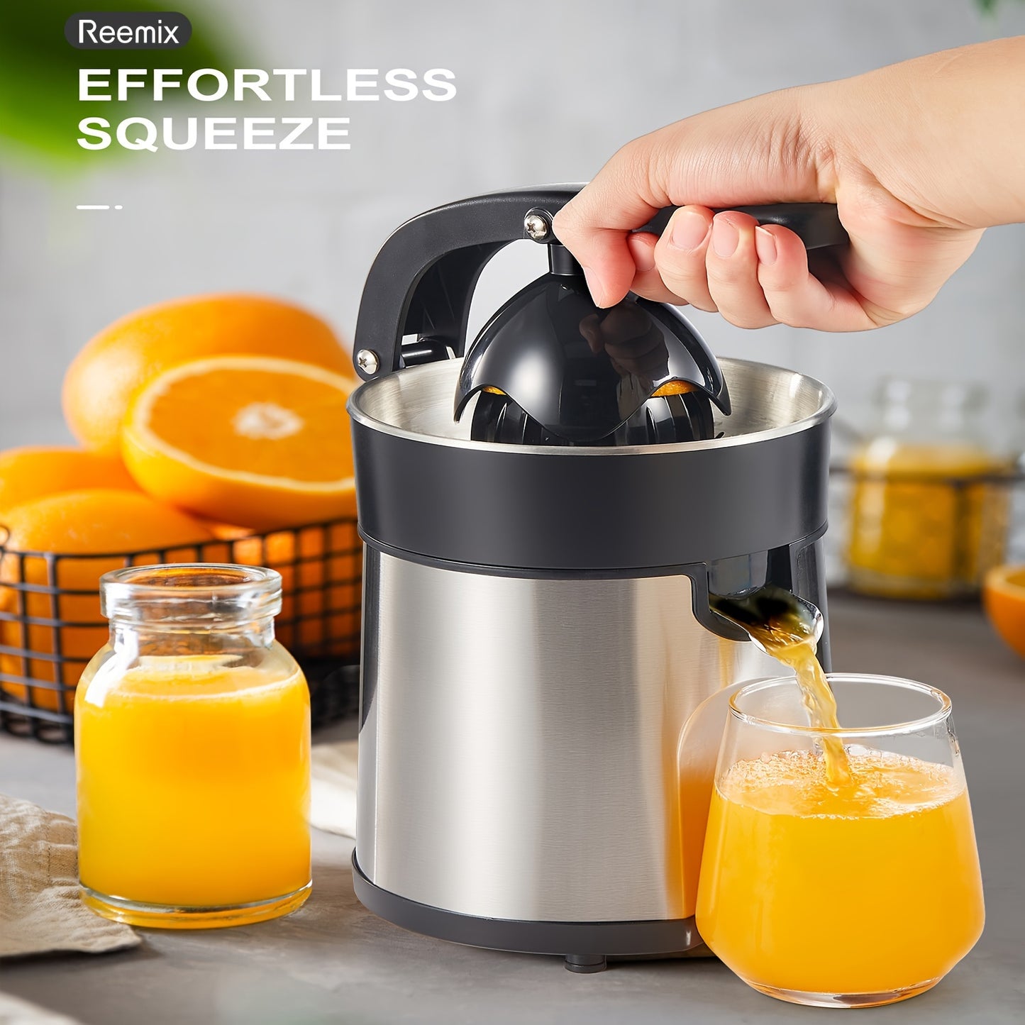 Electric Citrus Juicer Squeezer – Brushed Stainless Steel with Two Interchangeable Cones for Orange, Lemon, and Grapefruit, Easy to Clean and Use ( ABS+Stainless Steel )