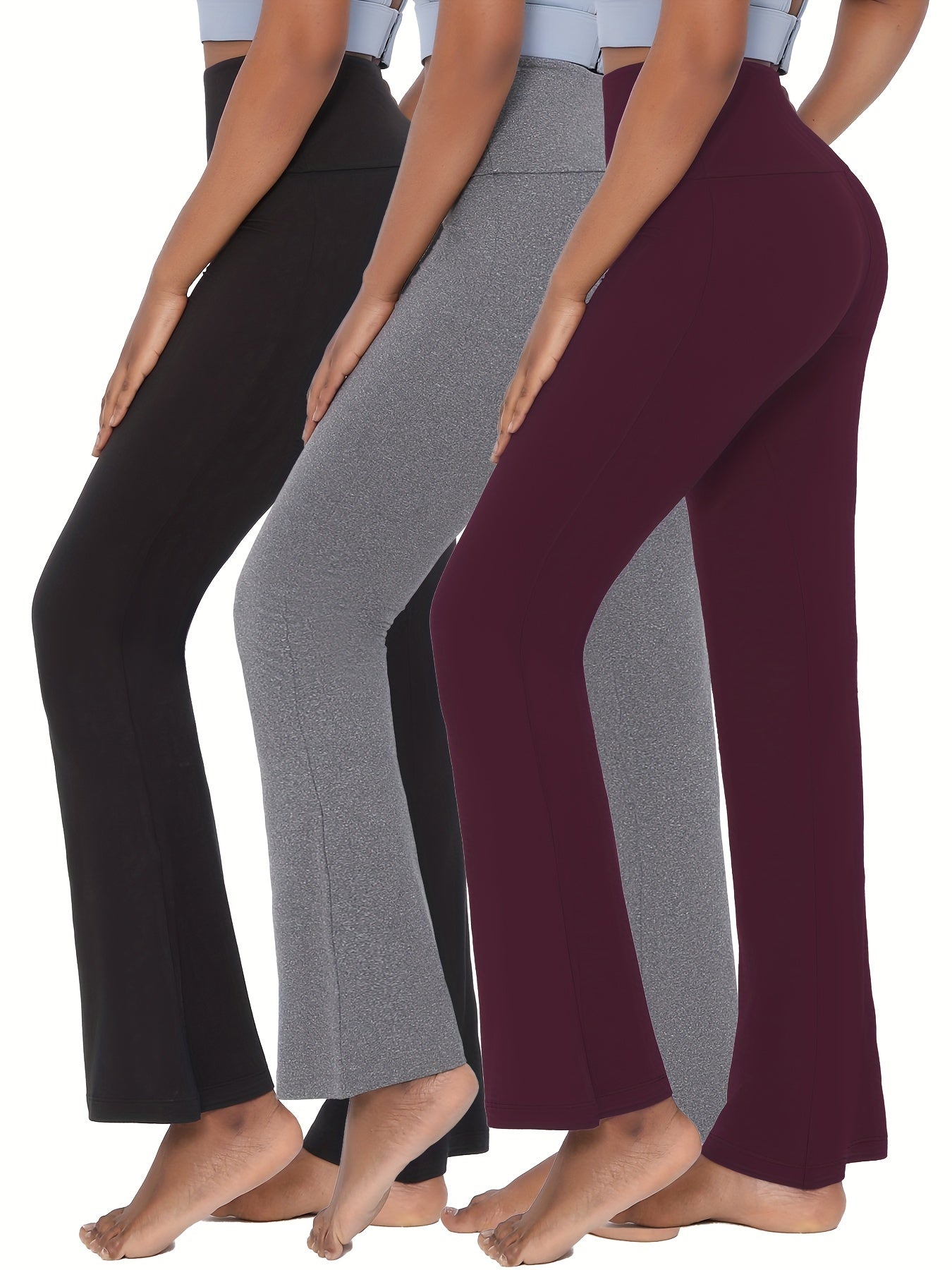 3 Pack Women's High-Waisted Flare Pants with Tummy Control – Soft Yoga, Workout & Running Bell Bottoms