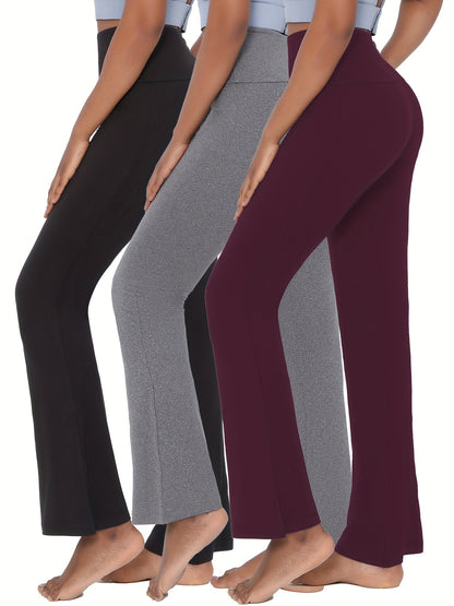 3 Pack Women's High-Waisted Flare Pants with Tummy Control – Soft Yoga, Workout & Running Bell Bottoms