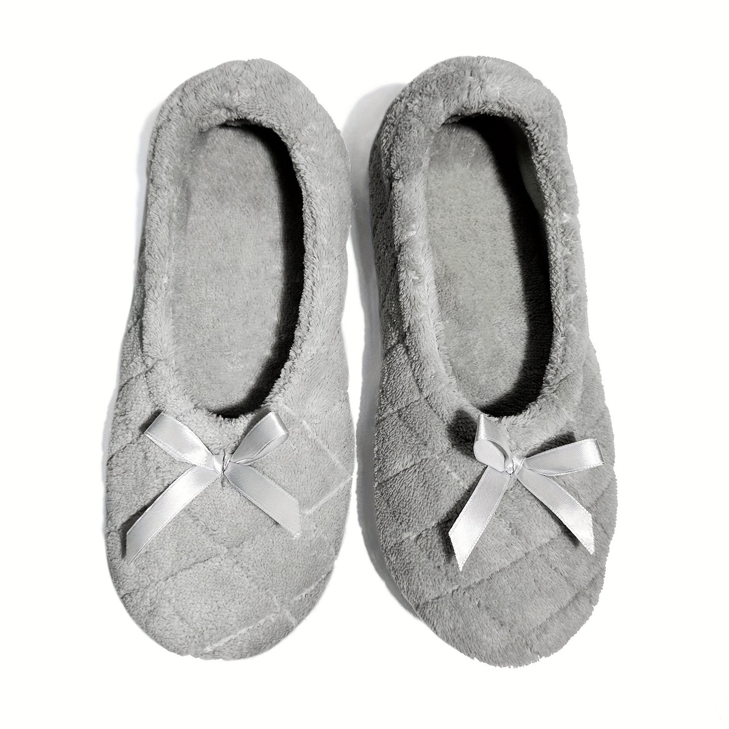 Elegant Women's Ballerina Slippers - Soft Quilted Terrycloth with Satin Bowknot, Lightweight Indoor Shoes in Grey