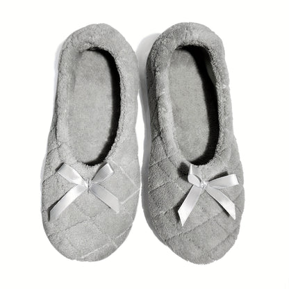 Elegant Women's Ballerina Slippers - Soft Quilted Terrycloth with Satin Bowknot, Lightweight Indoor Shoes in Grey