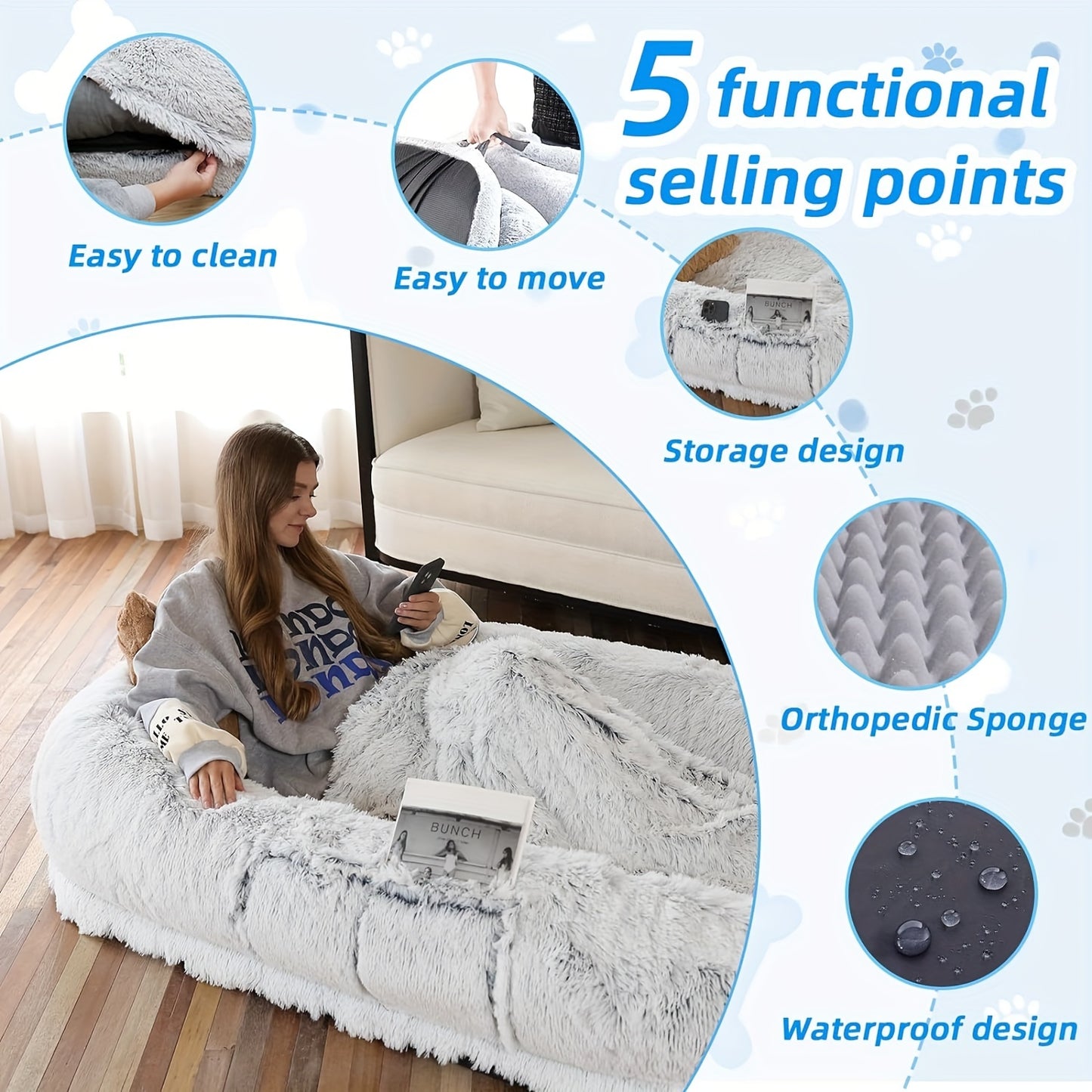 Human Dog Bed - 71''x45''x12'' Washable Faux Fur Bed for People & Pets, Orthopedic Napping Pillow with Blanket and Strap, Grey