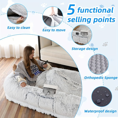Human Dog Bed - 71''x45''x12'' Washable Faux Fur Bed for People & Pets, Orthopedic Napping Pillow with Blanket and Strap, Grey