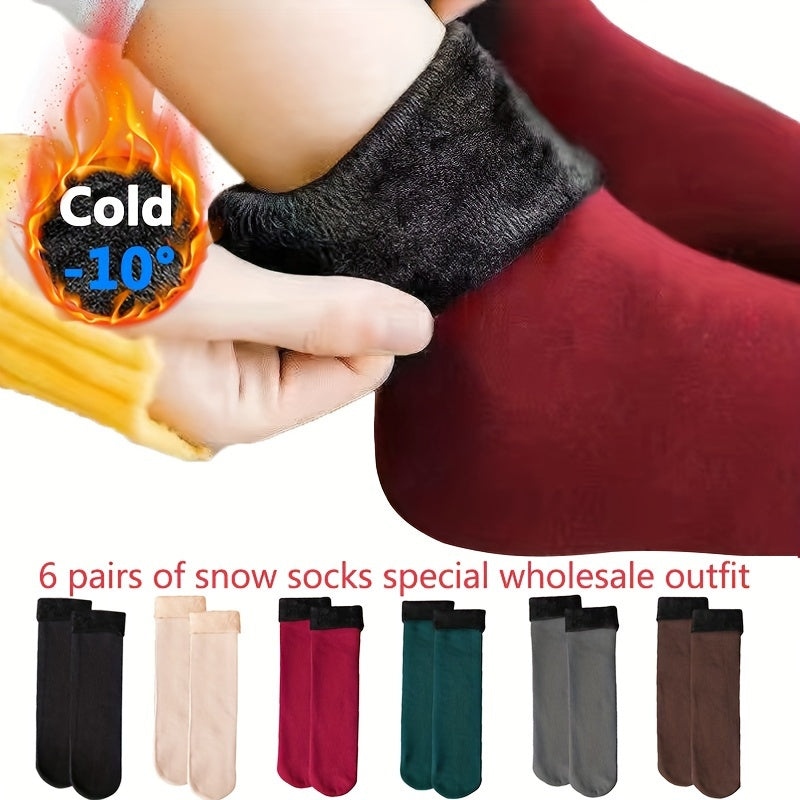6 Pairs Winter Thermal Socks - Unisex Thickened Fleece-Lined Mid-Calf Boot Socks in Solid Colors - Soft Polyester and Spandex Fabric, Hand Wash Recommended