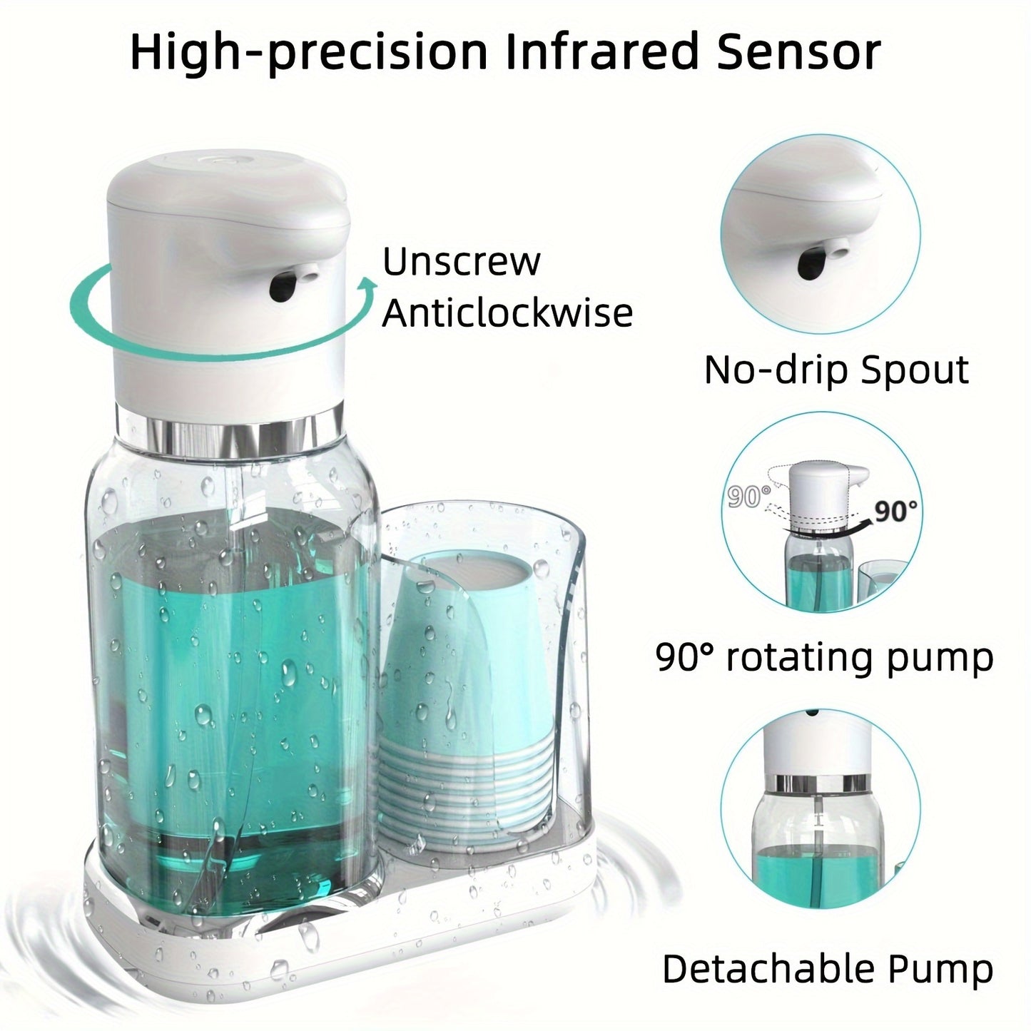 Automatic Mouthwash Dispenser – Smart Rinse Pump with Cup Holder, Infrared Sensor, 2 Dispense Levels, Rechargeable for All Ages