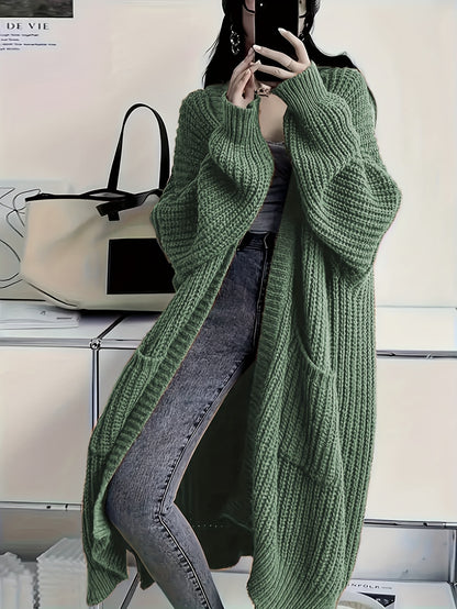 Plus Size Open Front Knit Cardigan - Long Sleeve, Casual Loose Fit with Pockets, Women's Clothing