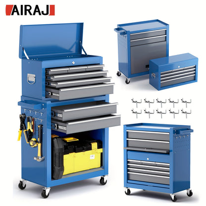8 Drawer Tool Storage Cabinet on Wheels - High Capacity, Removable Organizer, Detachable Top Box, Locking System, Ideal for Workshop & Garage, Blue